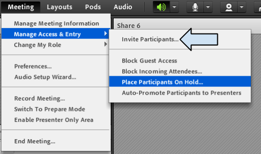 Screenshot: Invite Participants is under Meeting -> Manage Access & Entry